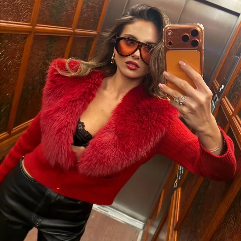 

Ticketsx Women's Faux Fur Coat New Warm Fluffy Slim Long-Sleeve Collared Sweater Fashion Casual Women's Knitted Jacket Outwear