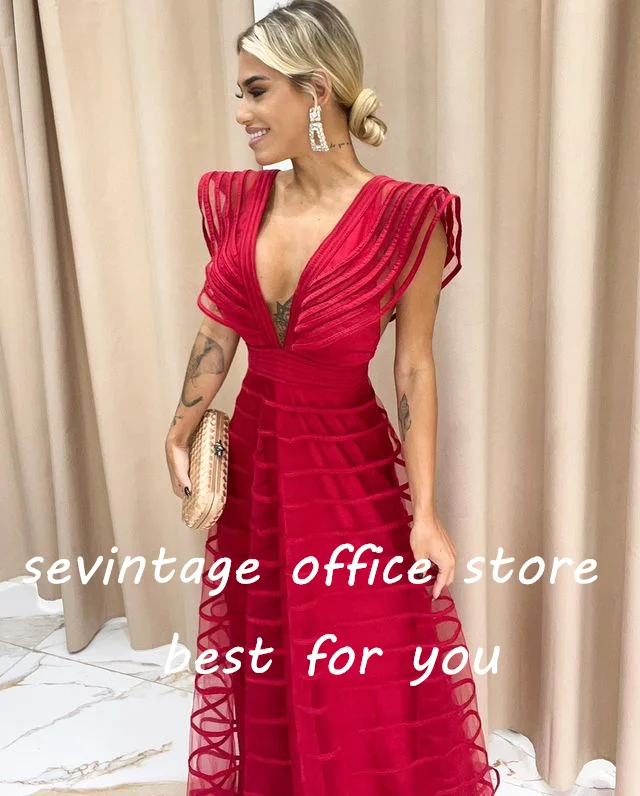 Sevintage Elegant Prom Dresses V-Neck Cap Sleeves A-Line Saudi Arabic Women Party Evening Gowns Special Occasion Dress 2023