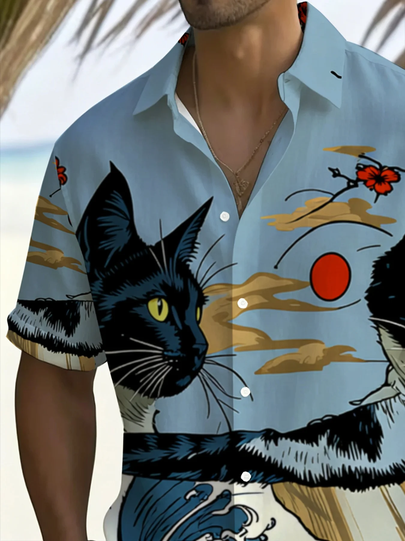 Men Hawaiian Short Sleeve Shirt Ukiyo‑e Black Cat Sun Cloud Floral Camp Collar Vacation Tops