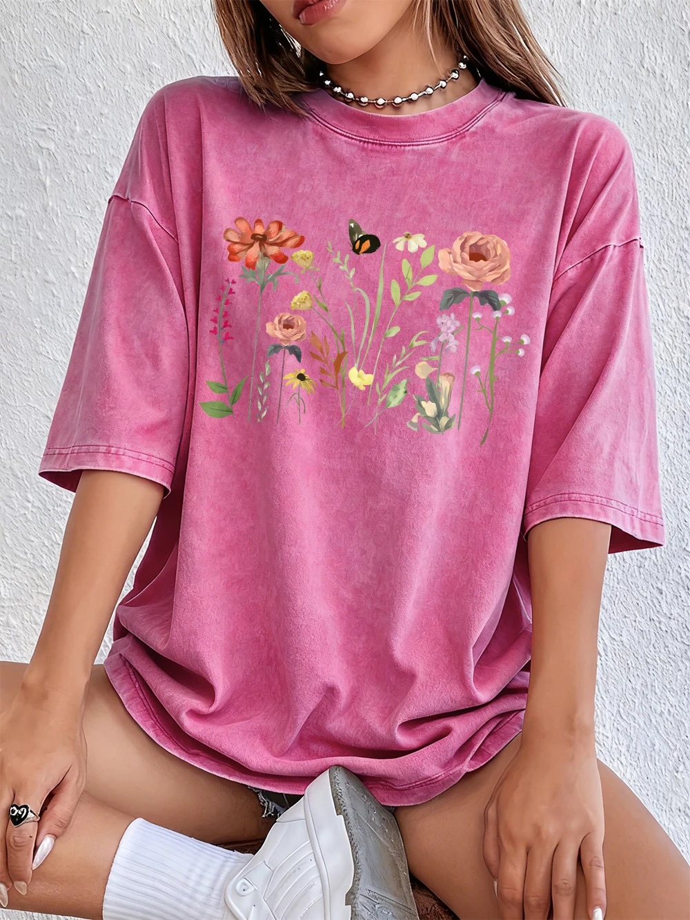 Flowers Butterflies To Stay Prints Washed T-Shirts Damen-T-Shirts aus Baumwolle in Übergröße, lässige O-Ausschnitt-T-Shirts mit Distressed-Effekt, Sommerkleidung
