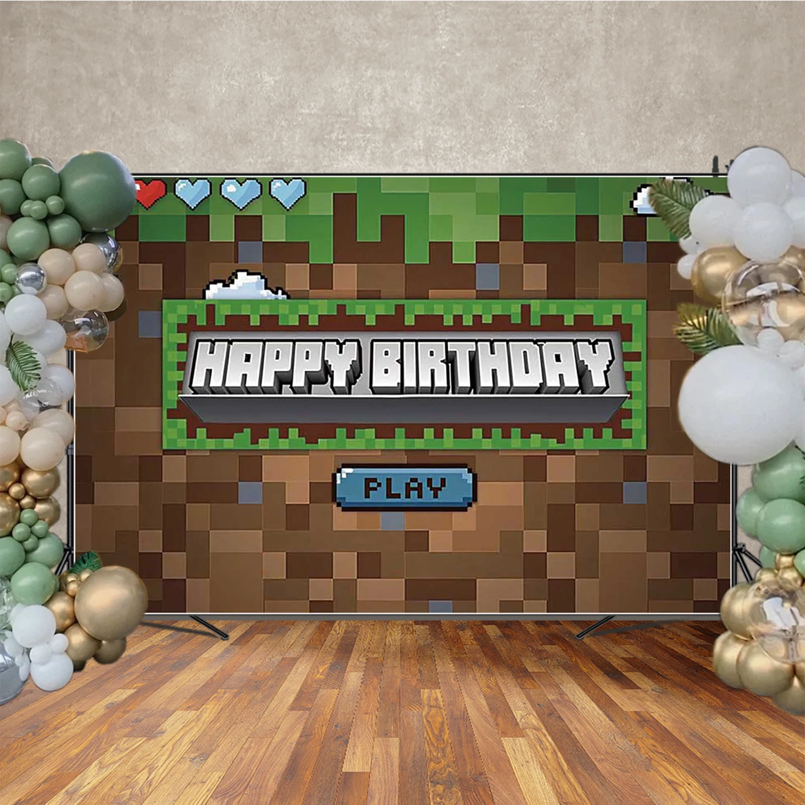 MOON.QG Blocky Pixel Game MC Kids حفلة عيد ميلاد زينة خلفية ثلاثية الأبعاد راية الغابات ملصق خلفية فوتوكول فوتوزون