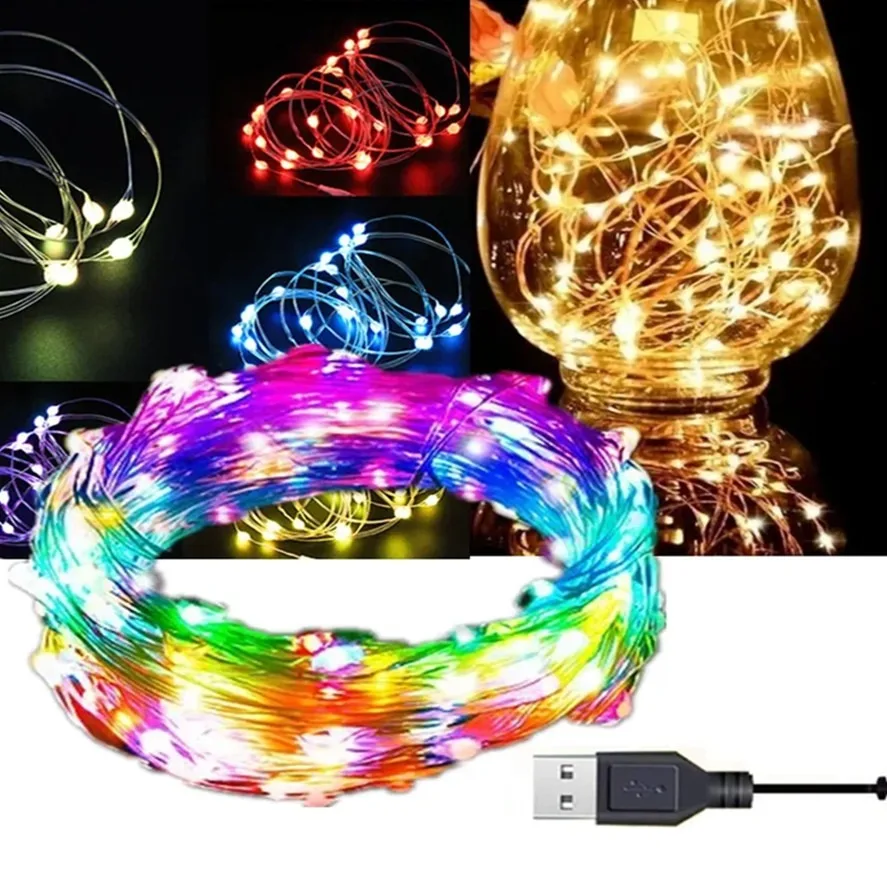 USB أضواء الأسلاك النحاسية الجنية جارلاند أضواء LED سلسلة أضواء في الهواء الطلق سلسلة مقاومة للماء لعيد الميلاد حفل زفاف زينة