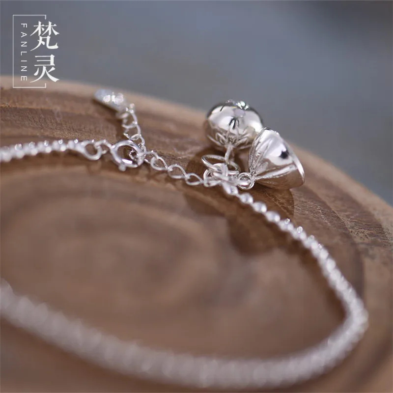 High Quality Original 925 Sterling Silver Lotus Bell Shape Art Retro Female Anklet Retro Simple Girls Female Summer Foot Jewelry