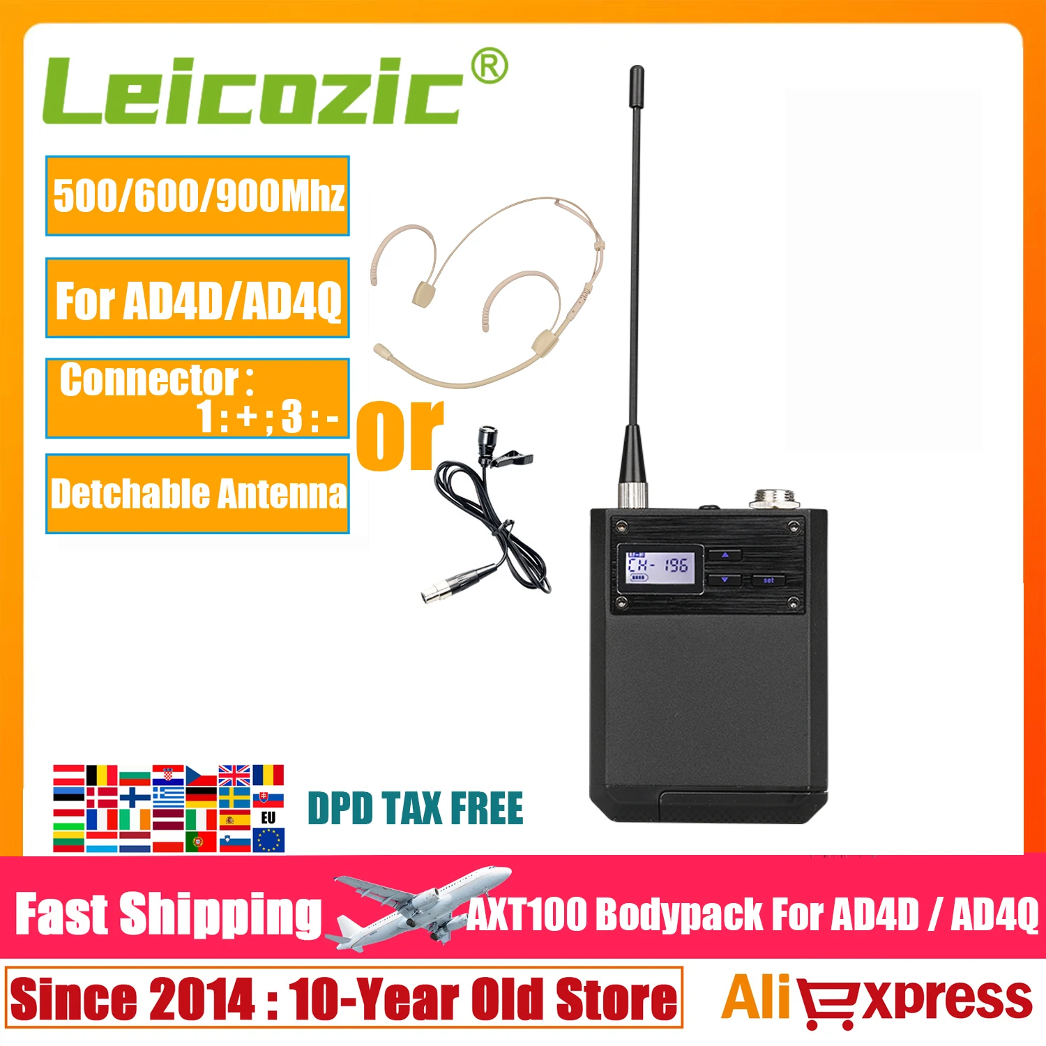 

Leicozic Bodypack Wireless Microphone System with Headset And Lavalier Microfone for AD4D AD4Q Lapel Microfono 500/600/900Mhz