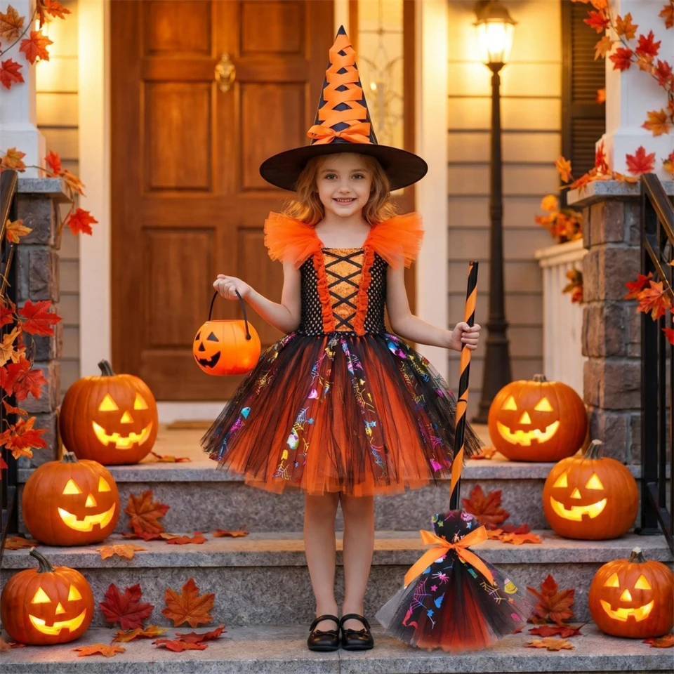 Kids Sparkly Mesh Witch Fancy Dress for Girls Halloween Celebration Party Carnival Cosplay Witch School Parade Children Costume