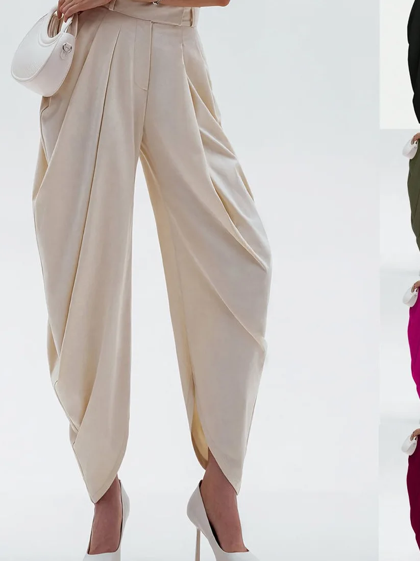 

Elegant High Waist Loose Women's Pants Casual Trousers with Pleats for Holiday Style Polyester Fiber Ladies' Spring Fashion
