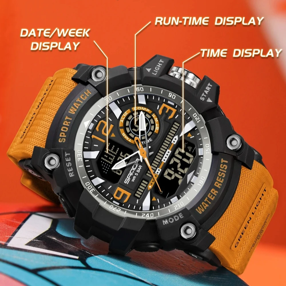 SANDA New 3367 Men's Quartz electronic dual display Sport cool luminous electronic watch fashion trendy waterproof digital watch