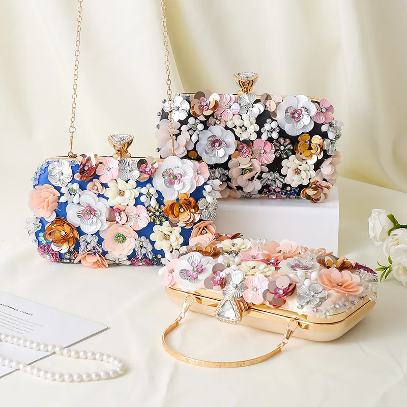Floral Evening Dinner Handbag Beaded Flower Clutch Bag Metal Chain Crossbody Bag Banquet Handbag Wedding Prom Purse Dropship view 2