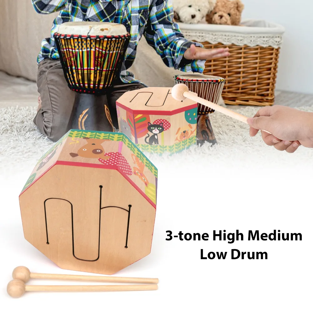 Cartoon Holz trommel 3-Ton hoch mittel niedrig Trommel Hand trommeln umwelt freundlich Holz achteckige Trommel Percussion Rhythmus Instrument