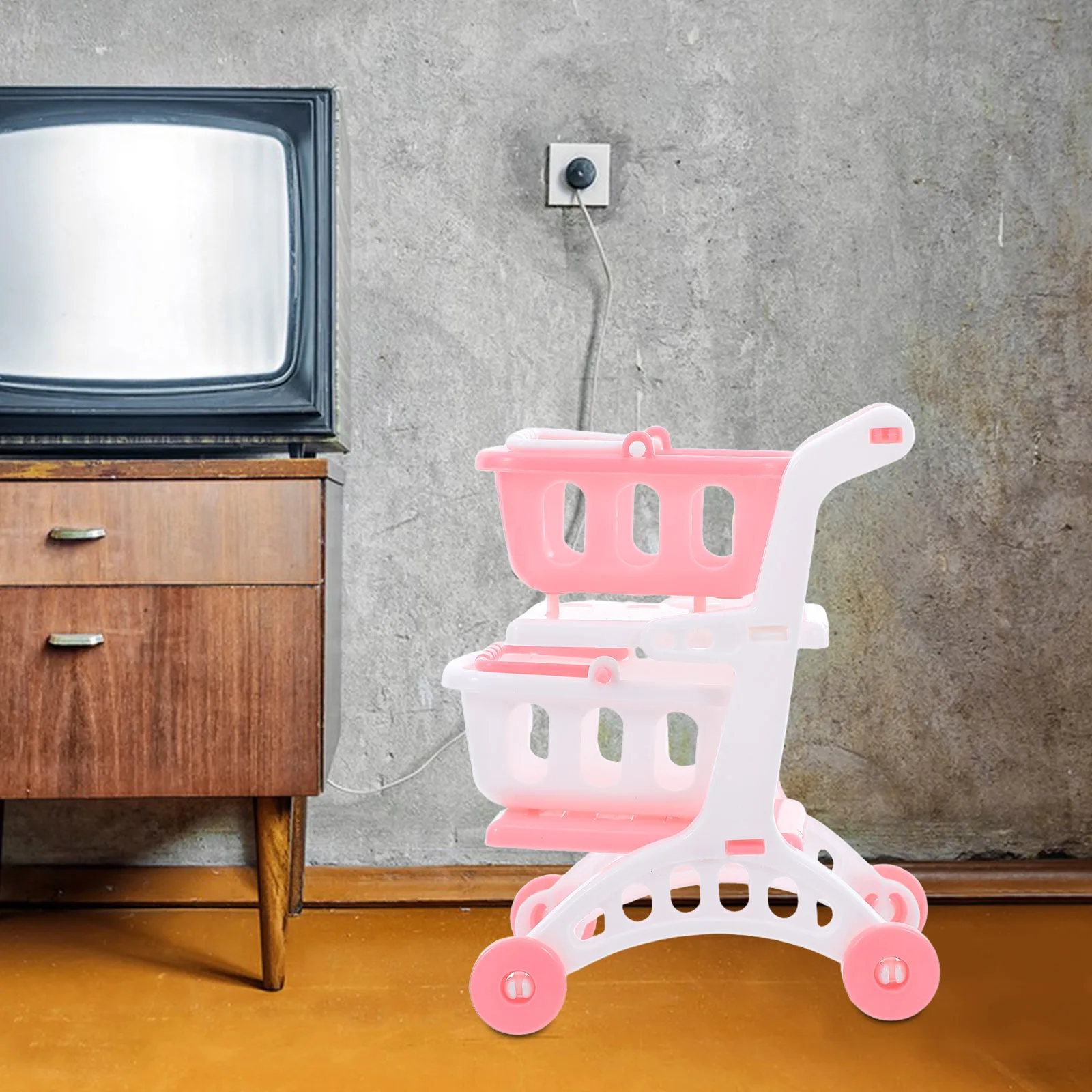 8個 子供用スーパーマーケットショッピングカート ミニ食料品カート 幼児向けごっこ遊び用 二層収納 軽量 屋内用