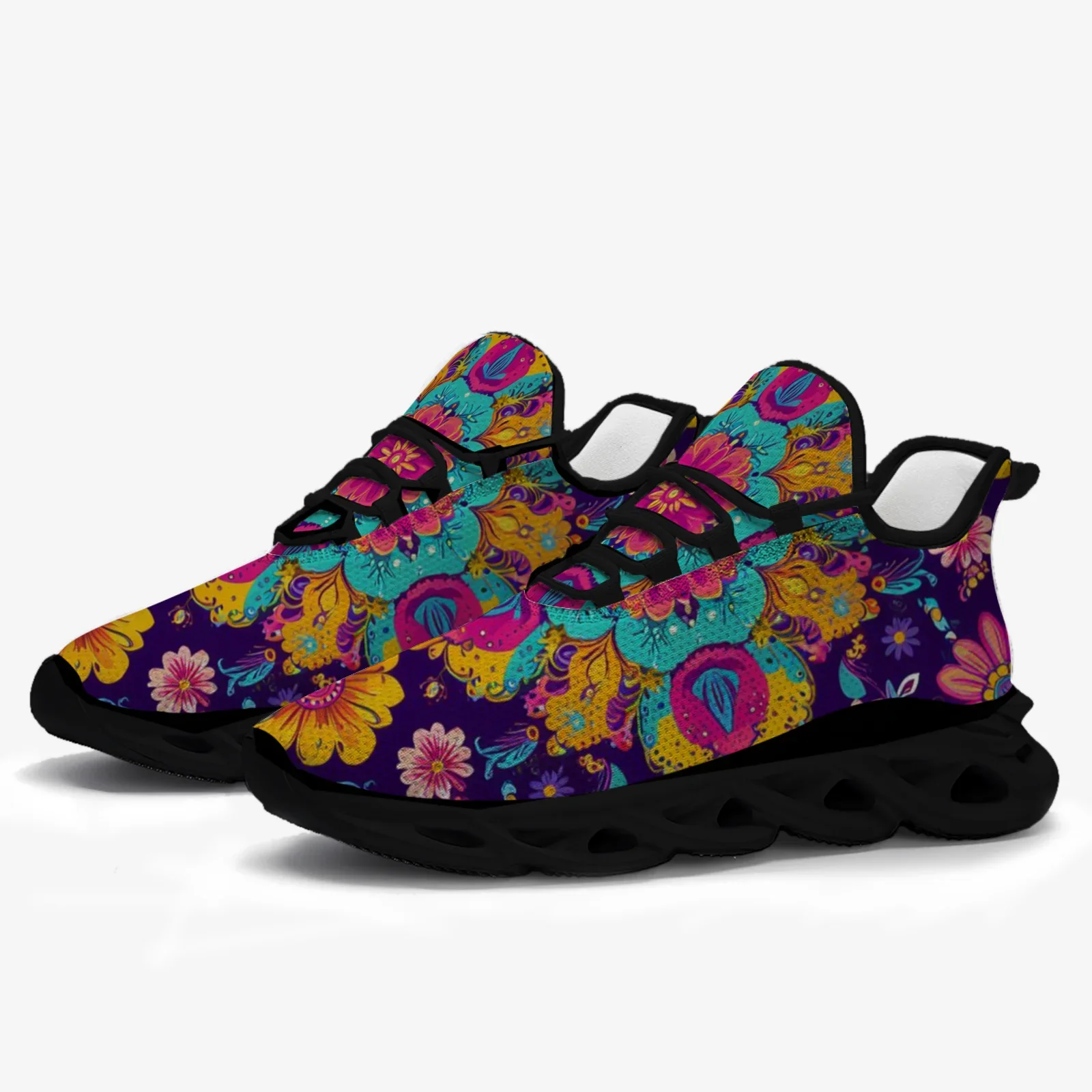 Zapatos deportivos informales con diseño de flores de oro púrpura bohemio para hombres y mujeres, zapatillas ligeras y transpirables para correr