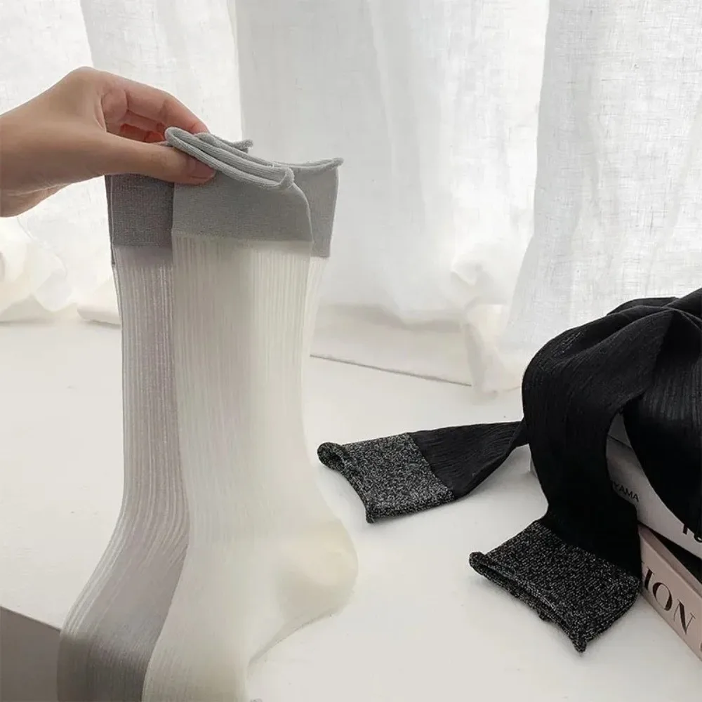 1 pair Simple Ultra-thin Lace Socks Transparent Solid Color Nylon Long Socks Soft Breathable Mesh Socks Summer Women