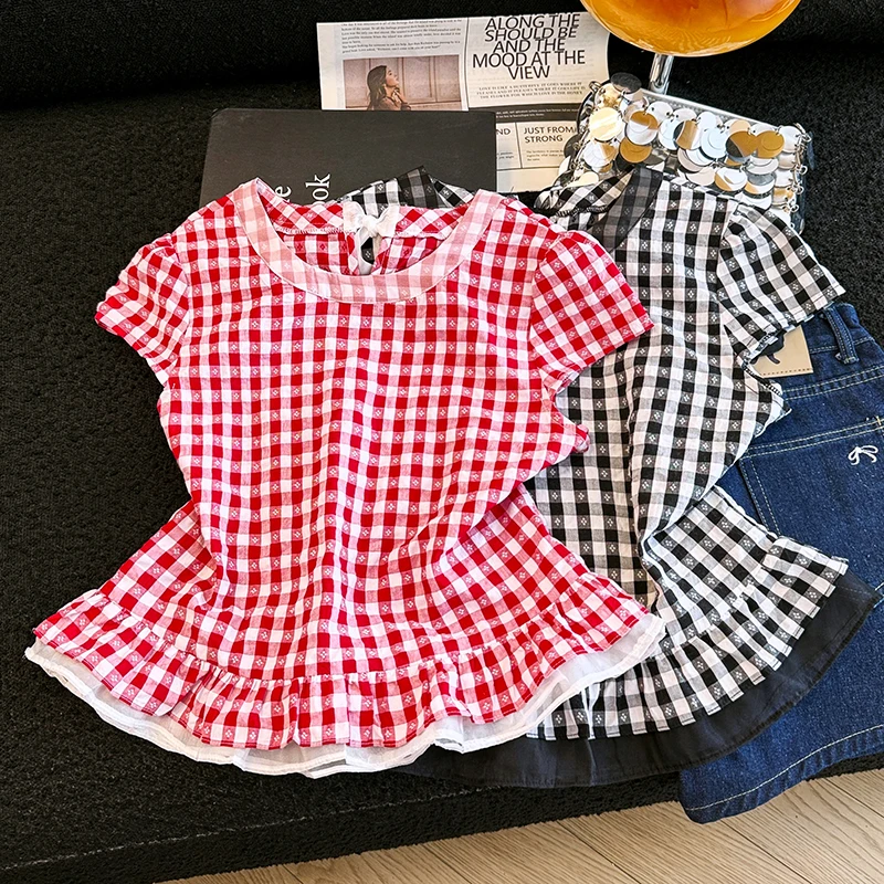 

Red Plaid Bubble Sleeve Shirt Women's Summer New Sweet Spicy Girl Anti-Aging Lace Trim round Neck Color Block Top Small Shirt