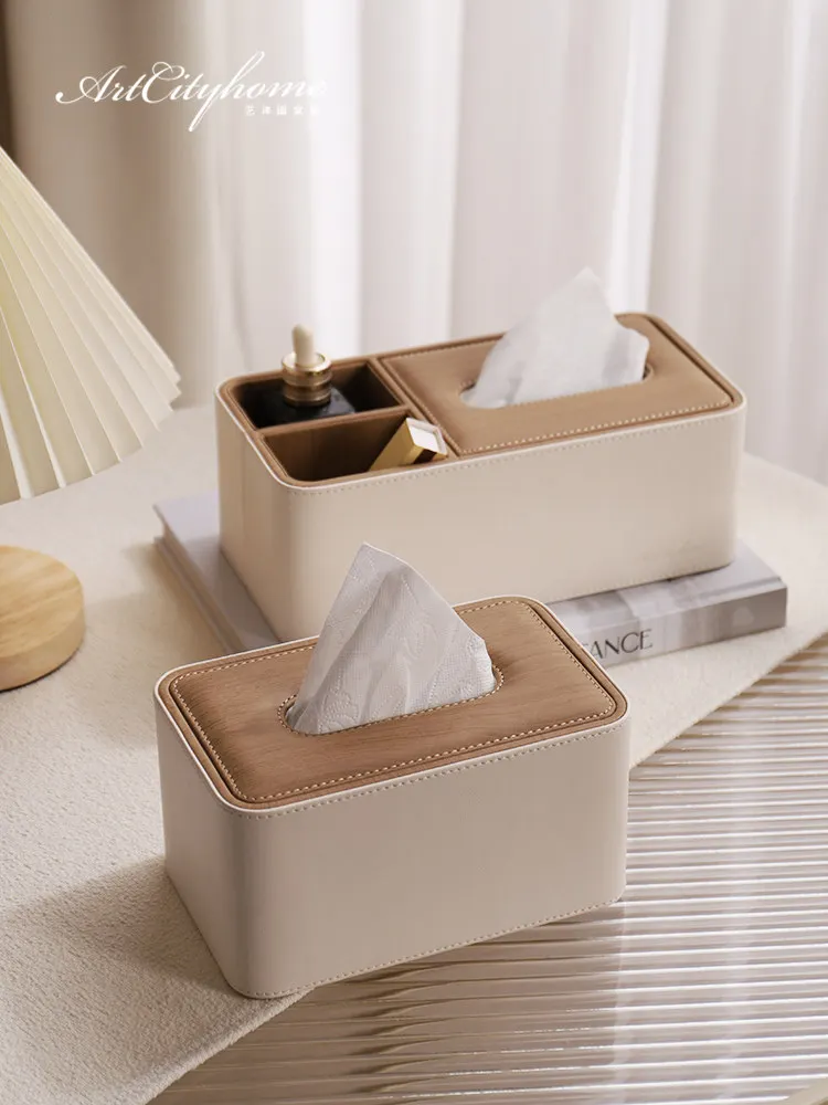 

Bedroom cream wind tissue box high-grade light luxury wood grain leather living room bedside table simple Nordic paper storage