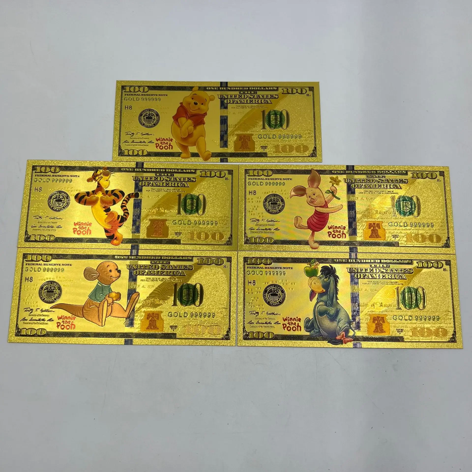 5pc Disney Winnie the pooh gold plated banknote cartoon anime Character Piglet Tigger Eeyore Commemorative Card Children's Gifts