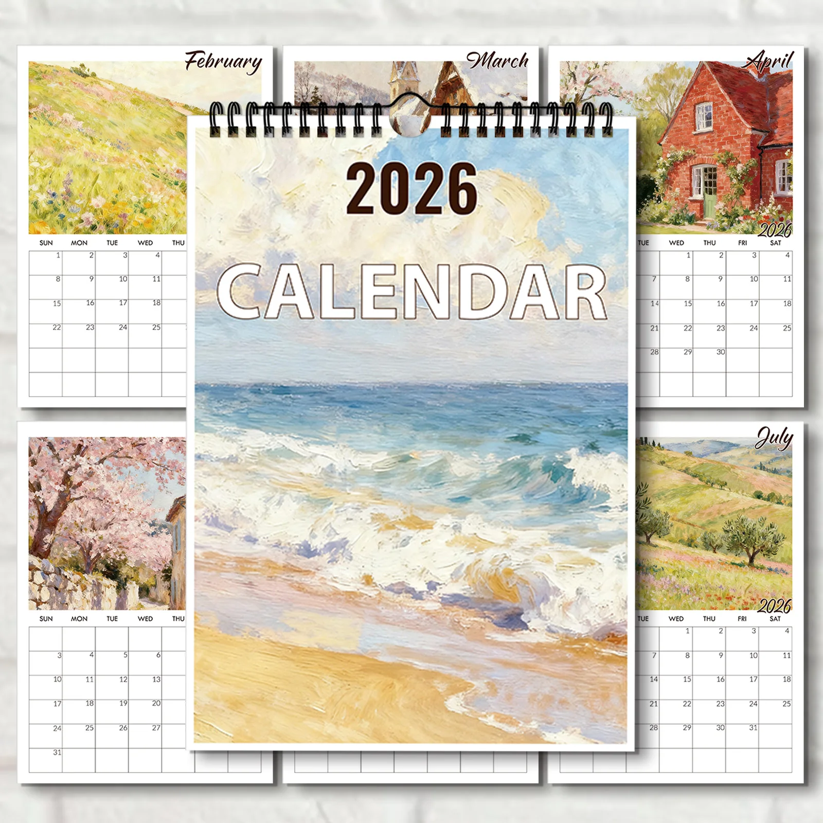 

1 шт. 2026 настенный календарь на береговой сельской местности, любители пляжа и любителей природы, идеально подходит для домашнего декора