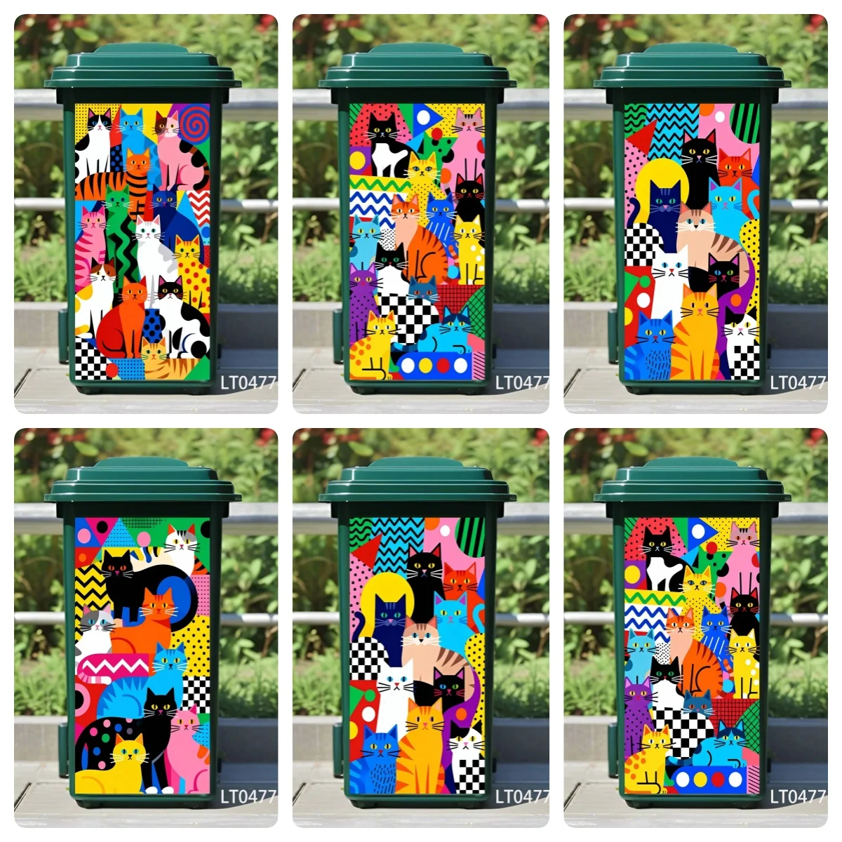 Colorful Cat Wheelie Bin Stickers Waterproof Self Adhesive Outdoor Trash Can Wrap for Outdoor Home Trash Can Art Decor