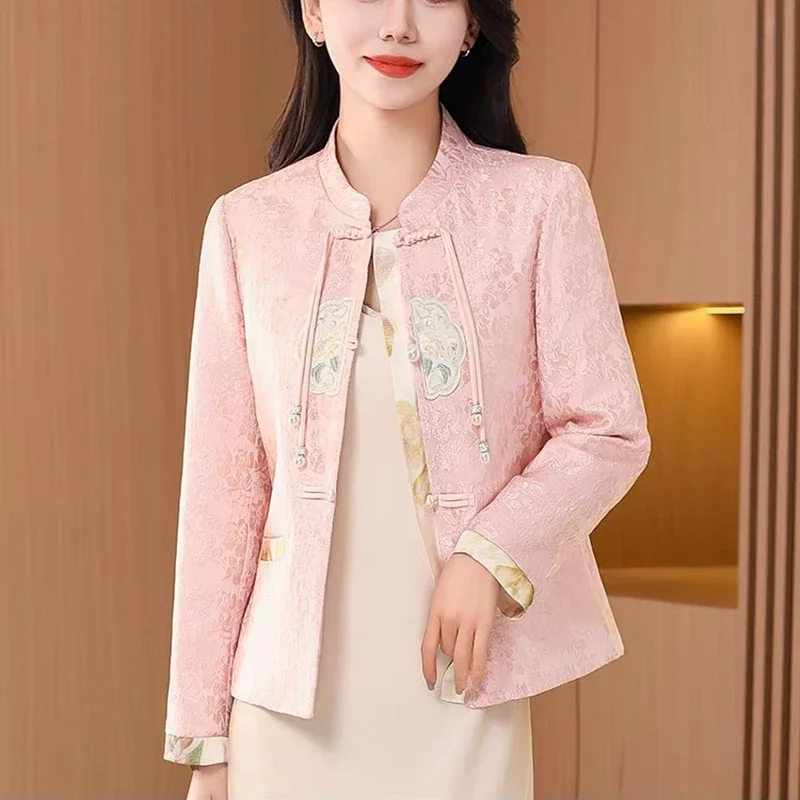 

Новинка 2023 года, короткая куртка в китайском стиле для женщин, пальто с воротником-стойкой и вышивкой, весенний кардиган для мамы