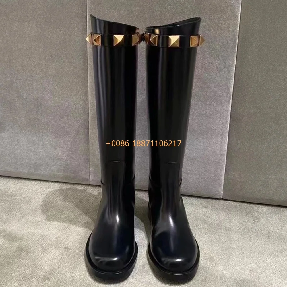 Genuine Leather Sexy Rivet Boots 2024 New Fashion Women's Round Toe British Style Belt Buckle Knight Boots Casual Knee-High Boot