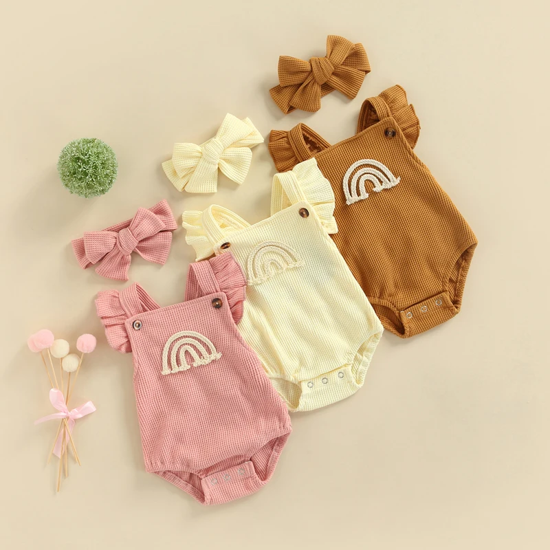 

Summer Infant Baby Girls Casual Romper Rainbow Pattern Ruffled Sleeveless Triangle Bodysuit with Headband