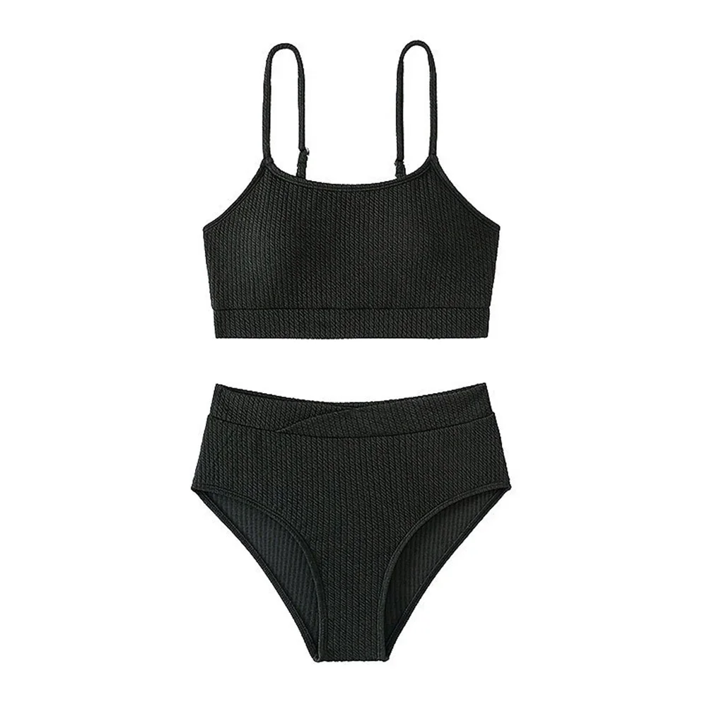 Бикини на бретельках с высокой талией, черный купальник в рубчик, купальник для отпуска, женский купальный костюм, пляжный летний наряд, бикини De Mujer Biquini