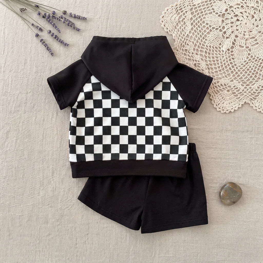 Baby 2PCS Checkerboard Hoodie Set Black White Short Sleeve Top + Shorts Unisex Casual Outfit 0-3Y