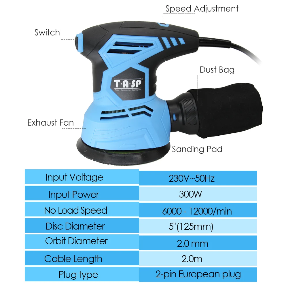 Electric Random Orbital Sander Dust Collection Variable Speed Woodworking Rotary Sanding Machine Tools, 5 Sandpapers, 230V, 300W