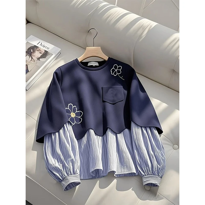 Floral Embroidered Cotton Sweatshirts Women Long Sleeve Casual Pullover Office Lady Casual Wear Tops Oversized