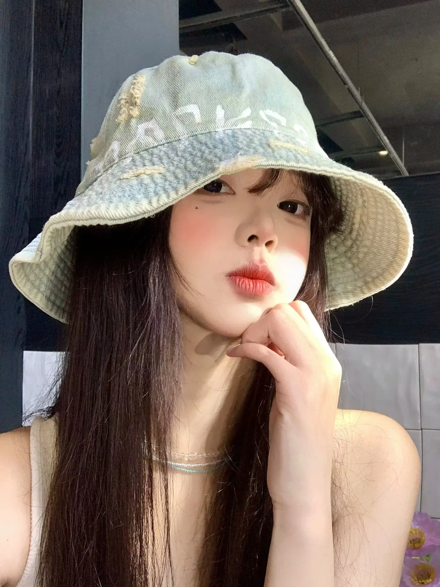 Korean retro old sunshade denim bucket hat women's big brim showing face small versatile bucket hat