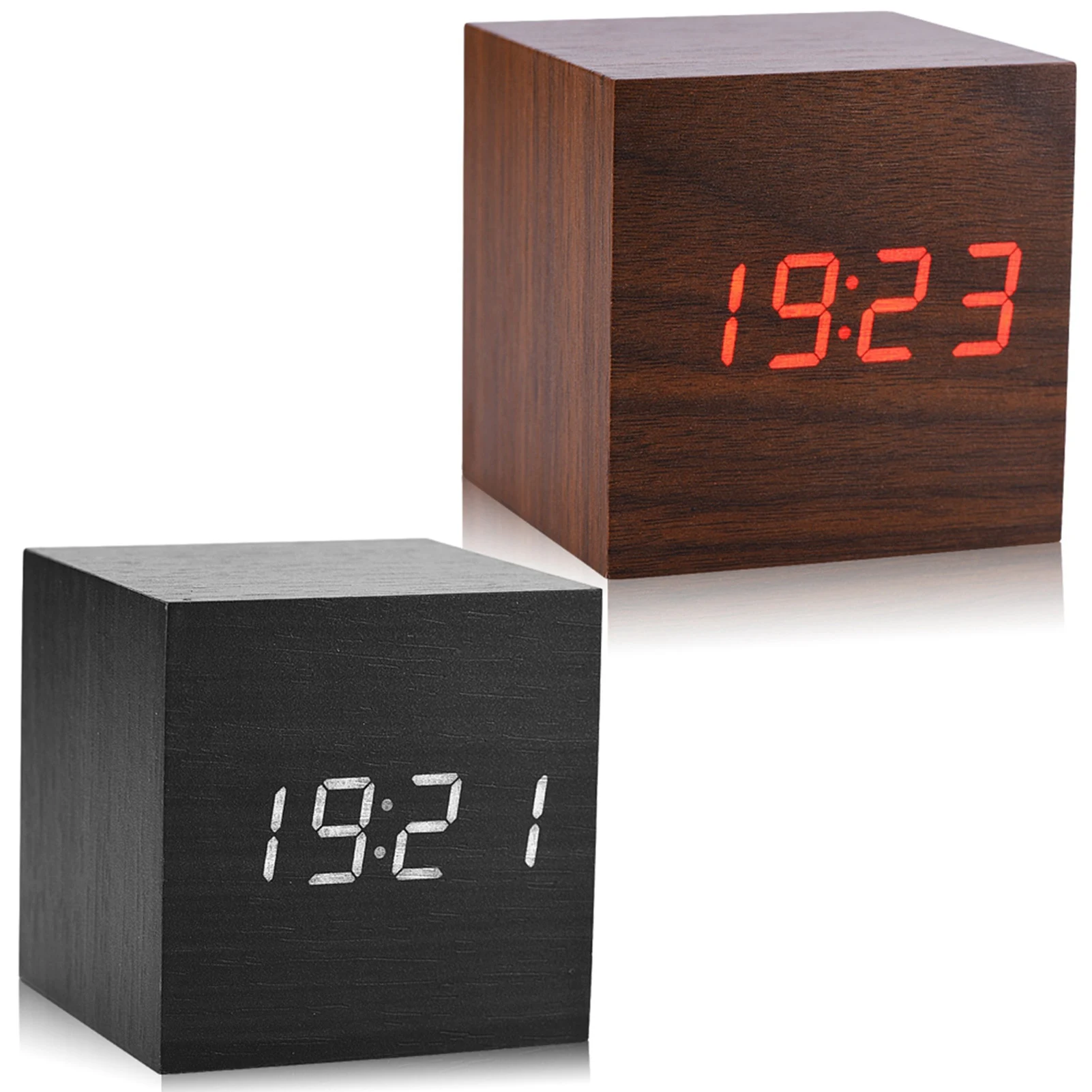 6x6x6cm Wooden Electronic Digital Alarm Desk Clock Temperature LED Display Voice Control Digital Alarm Clock