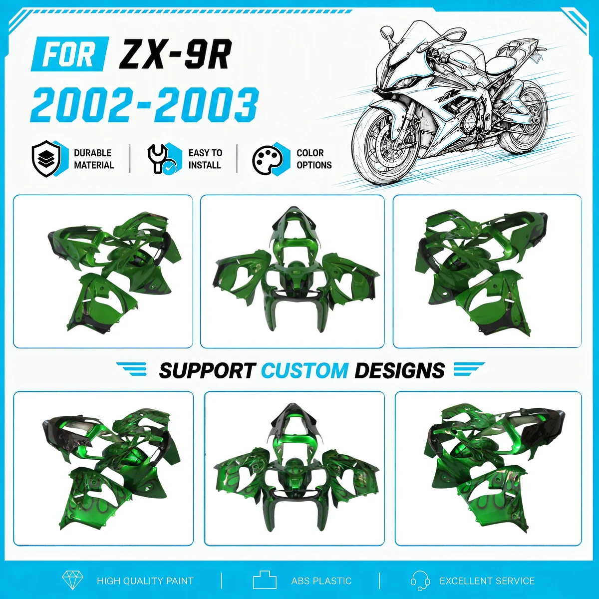 ABS Injection Fairing Kit for 2002 2003 ZX9R ZX 9R 02 03 Motorcycle Bodywork Set Pre-drilled Parts Fairings