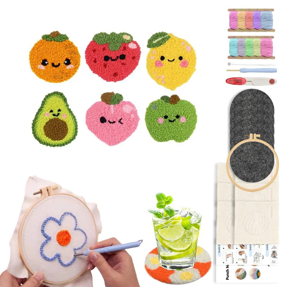 

6Pcs Punch Needle Coasters Kit for Adults Funny Easy Art Punch Needle Embroidery Kit 6 Fruit Pattern Tufted Rug Pads