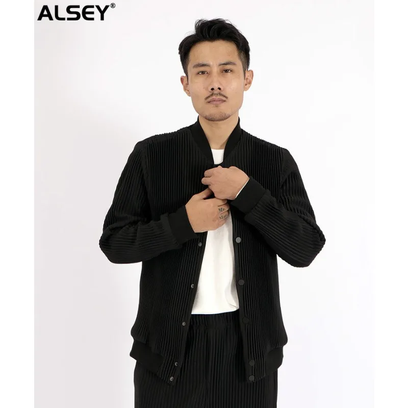 

ALSEY Miyake Pleated Top Autumn Winter New Fashion Loose Fashion Solid Color Single-breasted Waisted Baseball Jacket MenClothing