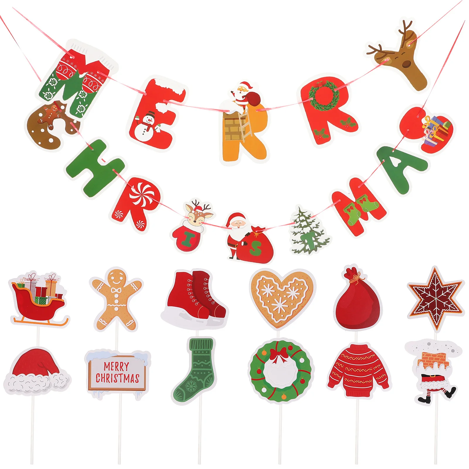 

1Set Christmas Banner Paper Hanging Banner Party Decorations Cake Picks Xmas Holiday Decor Christmas DIY Cake Picks