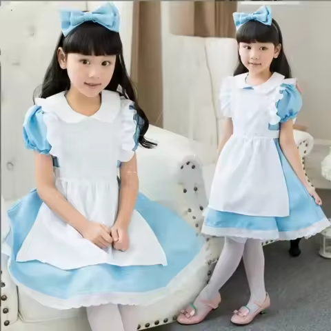 Halloween Baby Girls Kids Anime Alice Adventures Blue Fancy Party Dress Alice Dream Child Lolita Sissy Maid Cosplay Costume