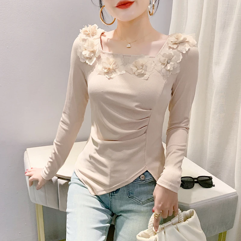 

2024, новинка, европейская, одежда, футболка, сексуальная, драпированная квадратная шея, лоскутное шитье, трехмерный цветок, женские топы, длинный рукав, футболки, 41068