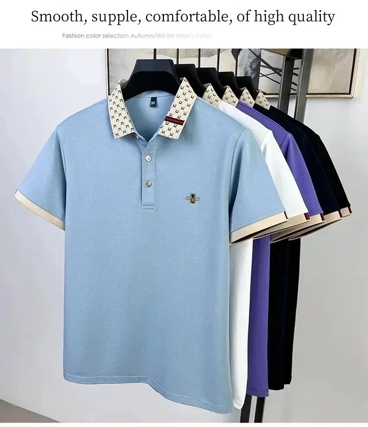Leicht luxuriöses Marken-Poloshirt mit kurzen Ärmeln modische Bienen-Stickerei farblich abgesetzter Kragen T-Shirt Sommerneuheit lässige Herrenbekleidung – Detail 2