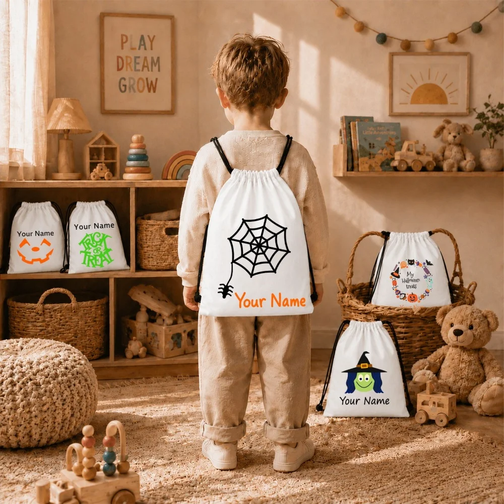 5Pcs Custom Name Mixed Halloween Drawstring Bags Personalized Kids Trick or Treat Candy Backpack Set