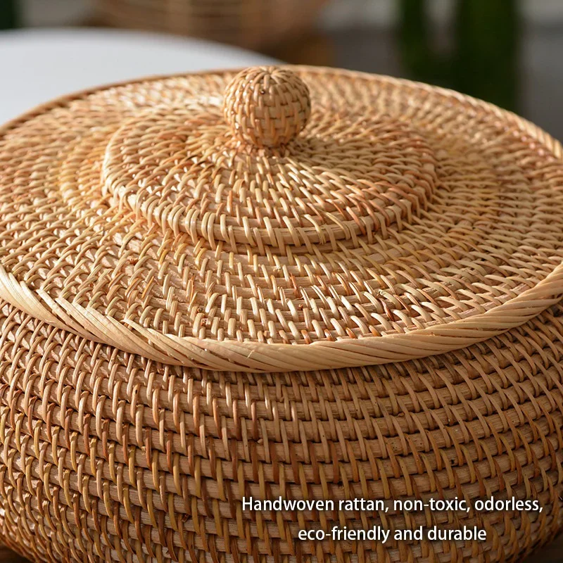 Handwoven Rattan Storage Box With Lid Tea Food Container Rangement Cuisine Box Bread Fruit Basket Kitchen Gadgets Home Organizer