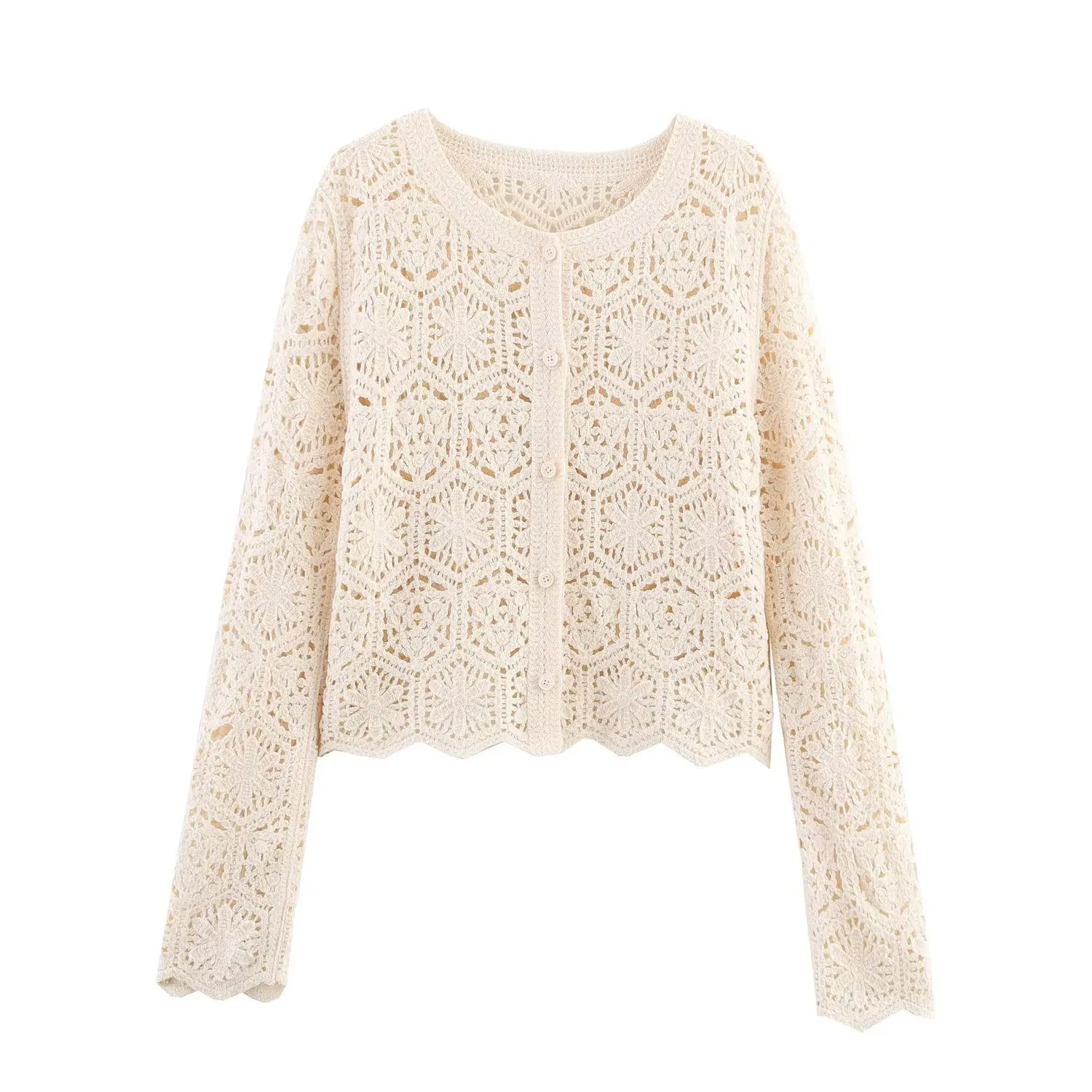 

Early autumn new women's clothing European and American style round neck long sleeve hollow wavy clothes hem knitted cardigan sw