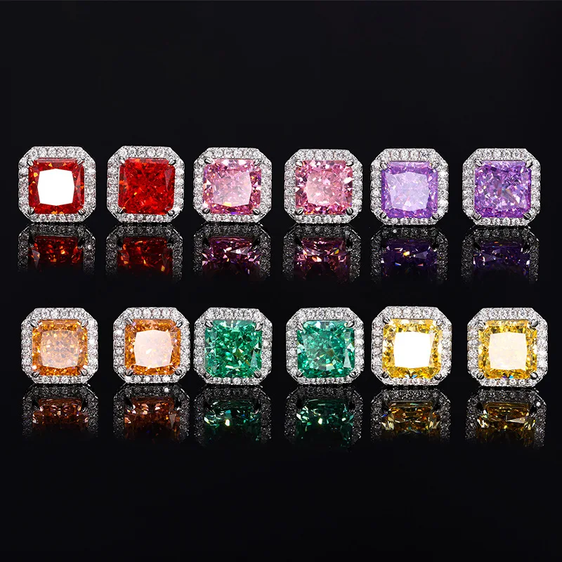 

Jewelry High Carbon Ice Flower Cut Copper Inlaid Square Diamond Niche Earrings Main Stone 8*8