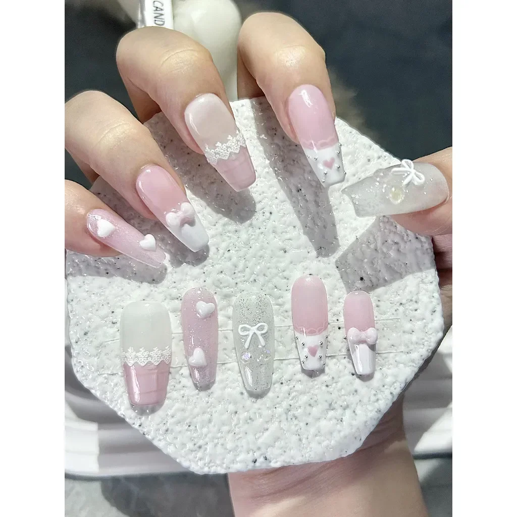 10 pezzi rosa fiocco amore pizzo francese nail art rosa bianco carino ciliegia fatta a mano unghie finte ragazza lunga dolce sexy stampa sulle unghie