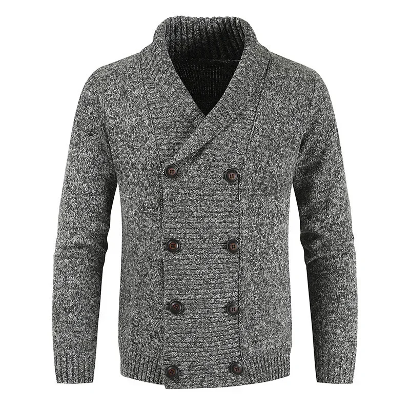 Men Hooded Cardigan Sweater Bussiness Autumn Male Slim Fit Warm Knitting Sweaters Casual Shawl Collar Jacket Double Breasted