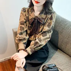 2023 Spring Women's New Commuter Chiffon Lapel Bow Print Long Sleeved Shirt Autumn Elegant Casual Versatile Fashion Top