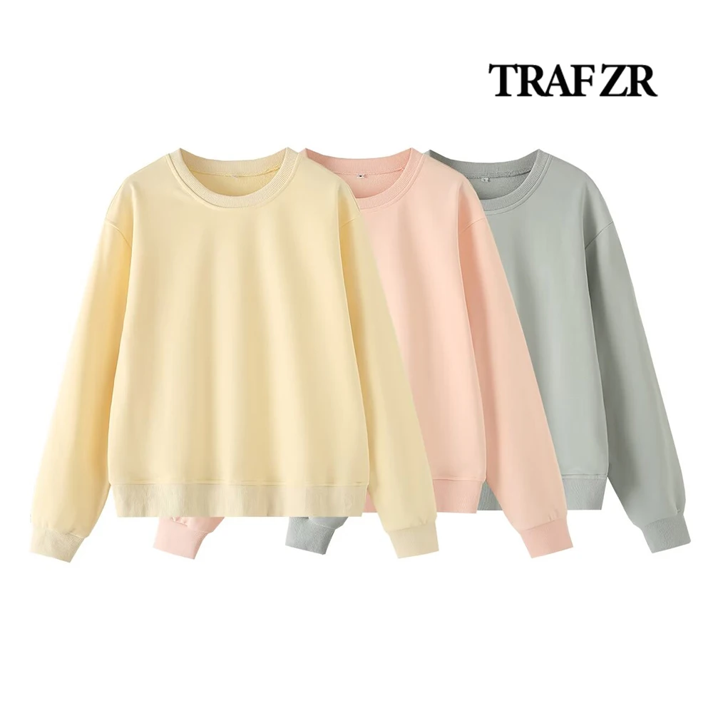 

TRAF ZR Normcore Essentials O-neck Streetwear Casual Plush Youth Sweatshirts for Women Aesthetic Long Sleeve Loose Fitted Tops