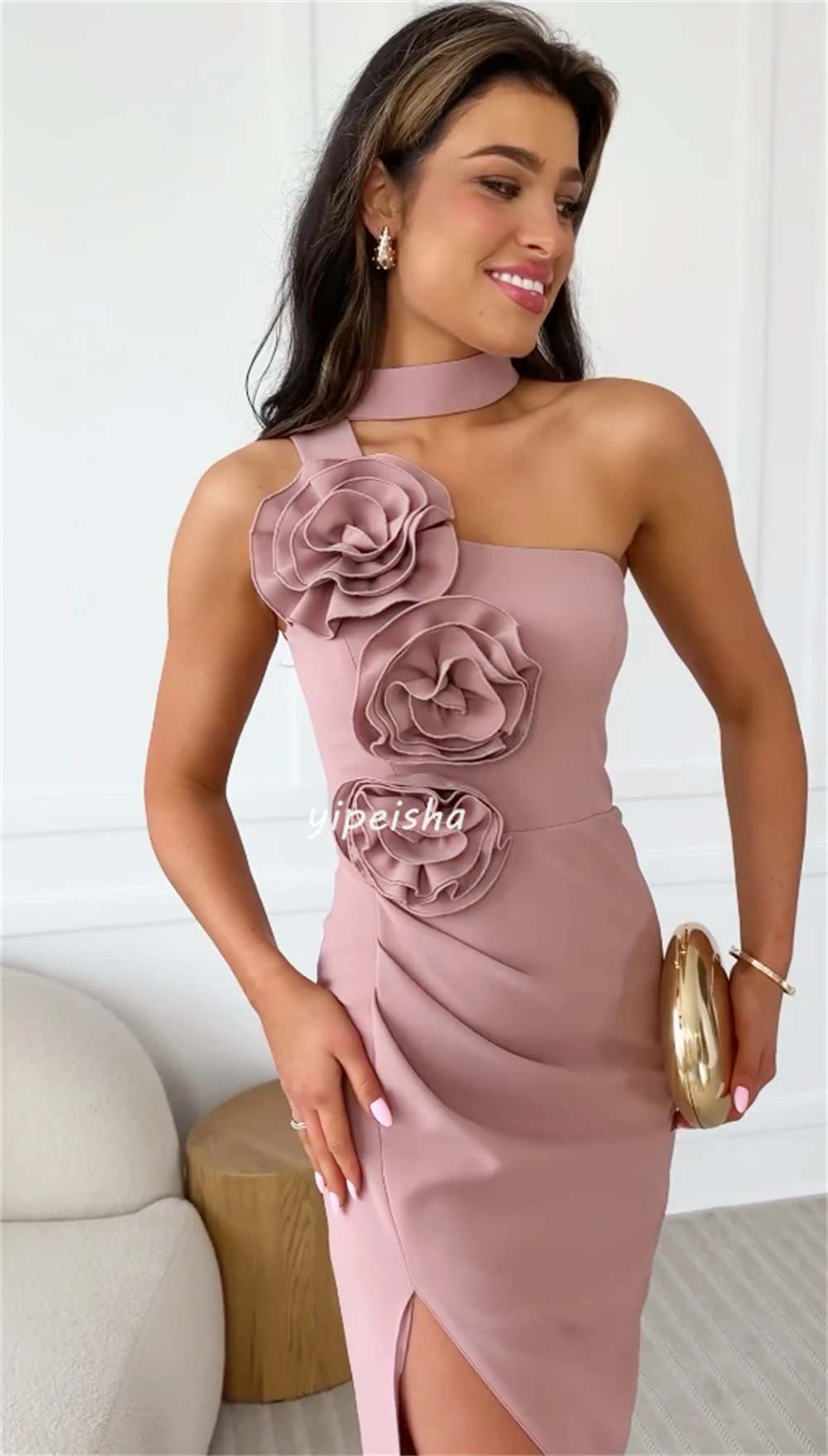 Customized Exquisite Jersey Applique Flower Handmade Flower Straight Strapless Hi-Lo Dresses Cocktail Dresses Classic Modern Sty