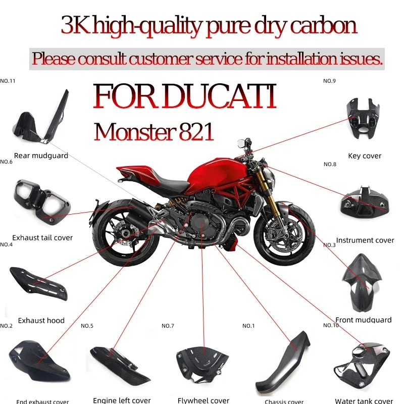 3K Dry Carbon Fiber Full Fairing Kit Fit for Ducati Monster 821 2019-2021 Motorcycle Bodywork Replacement