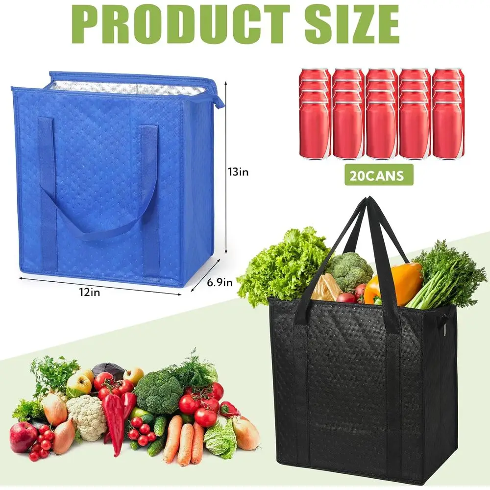 20 Pack Insulated Zippered Grocery Bags with Handles, Large Collapsible Cooler Totes for Temperature-Controlled Food
