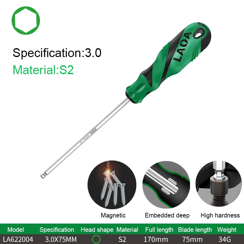 Laoa 1 stücke Sechs kant schrauben dreher Kugelkopf schrauben dreher mit Magnetismus Flach kopfs ch rauben dreher s2 58hrc legierter Stahl Anti-Rutsch-Griff