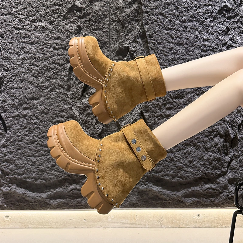Rivet-Trim Pants Leg Boots for Women 2026 Autumn Retro Western-Style Buckle Ankle Boots with Thick Soles